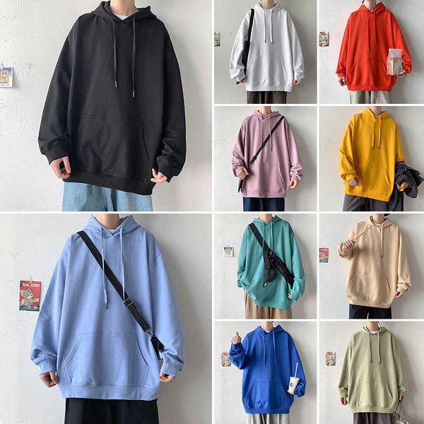 spring and autumn men's solid hooded long sleeve sweater couple student cotton casual loose pullover men, Black